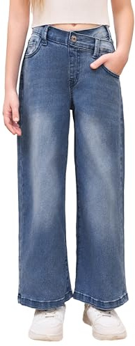 Haloumoning Pantalon en jean évasé pour fille - Taille haute - Taille élastique - Jambes larges, bleu, 150