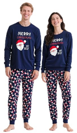 HYCLES Conjunto de pijama de Navidad para adultos, pijamas de Navidad para parejas, pijamas de Navidad para mujeres y hombres, ropa de dormir de algodón de alce de Navidad, 01# Nave Blue Women, S