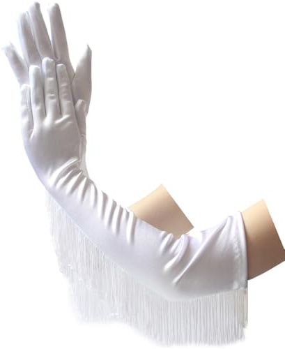 krautwear Guanti da donna in raso con frange, lunghezza fino al gomito, da sera (49 cm) - Rosso/Nero/Bianco, bianco, Einheitsgröße