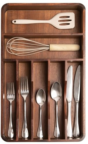 KitchenEdge Silverware Organizer - Cutlery, Flatware, and Utensil Holder for Kitchen Drawers, Fixed 10.5” Width, 7 Storage Compartments, Non-Slip Feet, Rounded Corners, Acacia Wood