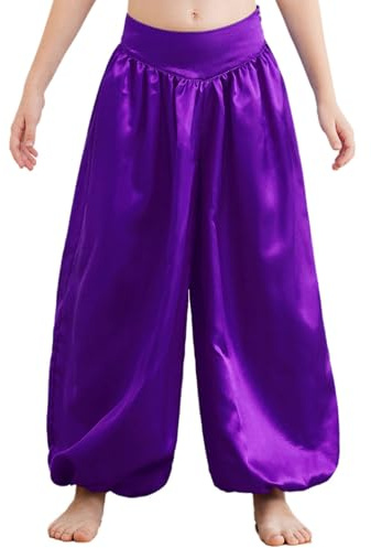 Sinleey Kids Girls Satin Bloomers Belly Dance Harem Pants Tribal Arabic Princess Wide Leg Trousers Palazzo Pants Purple 7-8 Years