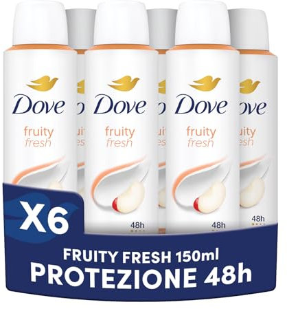Dove Deodorante Spray, Dove Classic Care Fruity, Deodorante Antitraspirante Spray, Protezione Fino a 48 Ore, con 1/4 di Crema Idratante, Formula Delicata, Deodorante Uomo e Donna, 6 Pezzi da 150 ml