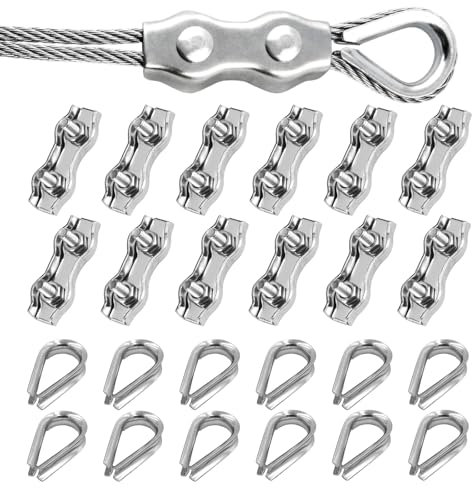 24 Piezas Dúplex Abrazadera de Cable con M3 Guardacabos, Abrazaderas de Cuerda de Cable Acero Inoxidable 304, Reutilizable M3 Clip de Cuerda de Alambre para Cables 3mm, Tendederos Fijos, Toldos