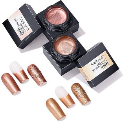 SAVILAND Chrome Gel Nail Polish Set: 2 PCS Antique Gold & Golden Orange Metallic Gel Nail Polish Mirror Effect with V E & Castor Oil 3D Metal Painting Gel for Glossy Metallic Nails, Home DIY Manicure