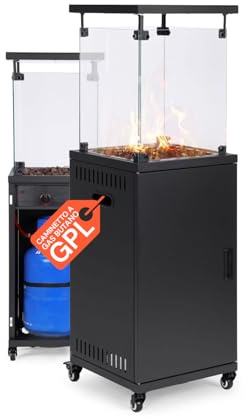 Wintem – Caminetto a Gas da Esterno Nero con Accensione Piezoelettrica e Roccia Lavica per Riscaldamento fino a 15 m², Camino Decorativo con Ruote Integrate e Potenza Regolabile fino a 12 kW