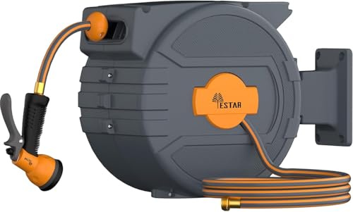 YESTAR Schlauchtrommel 25m+2m, Schlauchaufroller mit Aufroll-Automatik & 180° Schwenkbar, Wand-Schlauchbox mit Arretierstop & 7 Muster Sprühdüse, für Gartenbewässerung & Autowäsche