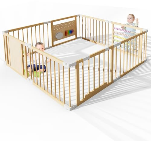 ZIKEBTUY Baby Playpen 160x160x61cm Wood Playpen Foldable Baby Fence(M) | 8pcs, Fold away Play Pen with Musical Toys and Door, Portable Easy Assembly Playpens for Babys & Toddlers