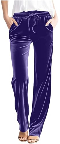 PODOLIXIA Pantalones largos de terciopelo para mujer, pantalones de tela suaves, pantalones cómodos, pierna ancha, pantalones para mujer con goma elástica y bolsillos, monocolor, holgados, morado, L