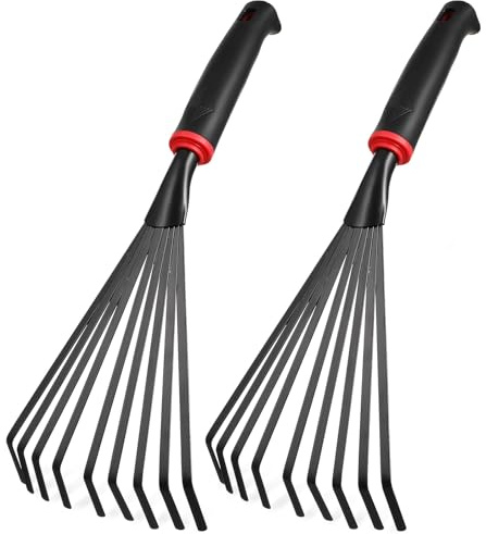 Housoutil 2 Pezzi Rastrello da Giardino a Mano in Metallo Manico Corto, Piccolo Rastrello Manuale a 9 Denti per e Aiuole, Attrezzo per Coltivazione e Manutenzione Spazi Esterni, Set da