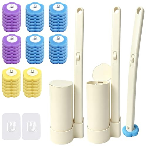 TZEKING Set Scopino WC Usa e Getta 54 Pezzi – 2 Spazzole con Manico Lungo, 2 Supporti a Parete con Staffa Adesiva, 48 Ricariche Detergenti in Spugna per Pulizia Bagno, Lavandino e Vasca
