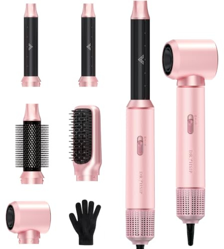 Dryhsip Brosse Soufflante 5 en 1, Brosse Chauffante Brushing et Air Styler avec Têtes Amovibles (fer Friser, Volumatrice, Lissante, Boucleur), de Voyage Légers pour Femmes et Hommes (Coral)