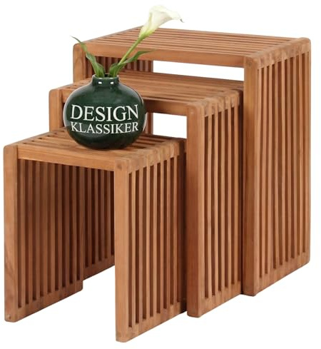 Mr. Deko teca – Mesas auxiliares (Juego de 3 – Mesa – Mesa de jardín – Rectangular – Apilable – Exterior Muebles – Madera de Teca – para balcón, terraza, jardín de invierno, Jardín