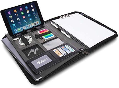 Vebon® Konferenzmappe A4 London aus Veganem Leder mit Reißverschluss I Schreibmappe + Laptoptasche I 2in1 I Smartphone Halterung + Klemmbrett (Schwarz)