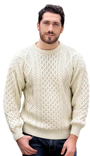 Aran Crafts Irish Soft Cable Knitted Wool Crew Neck Sweater (C1347-LG-ECR)