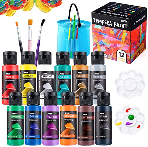 JOYIN 12-teiliges waschbares Temperafarben-Set für Kinder (je 67 ml), flüssige Posterfarbe mit 6 Pinseln, 2 Paletten und 1 sauberem Eimer, ungiftig für Fingermalerei, Hobbymaler