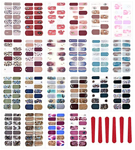 VEGCOO 22 Feuilles 308 Pcs 3D Autocollant Ongle, Auto-adhésif Nails Art Stickers avec 6 Pcs Lime à Ongles pour Femme/Fille Ongles Décoratifs