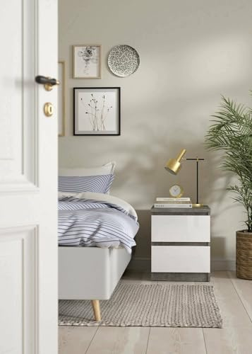 Dmora - Mesita de Noche Garance, cómoda Baja, Mesa de Noche, Estante de Cama, 50 x 40 x 50 cm, hormigón y Blanco Brillante