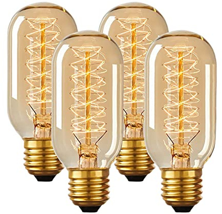 B4U E27 Vintage Edison Light Bulb 40W, 4 Pack Dimmable Decorative Filament Tube T45 Bulbs, 2700K, 230V