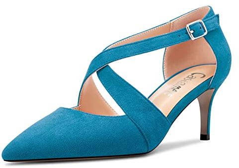 Castamere Donna Medio Spillo Tacco Heel a Punta Pumps Cinturino Incrociato Sexy Classico 6.5 CM Heels Blu Scamosciato A 39 EU