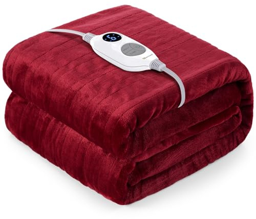 Warmrest Elektrisk värmefilt, flanell, 130 x 180 cm, 6 temperaturnivåer, 1–10 timmar, automatisk avstängning och överhettningsskydd, maskintvättbar, röd