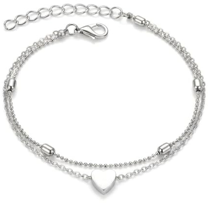 KFRS Silver Ankle Bracelets for Women Adjustable Butterfly Heart Layered Women's Anklets Double Layer Beach Foot Jewelry Anklet Gifts for Women Teen Girls 21+5cm Anklet Jewelry (silvery)