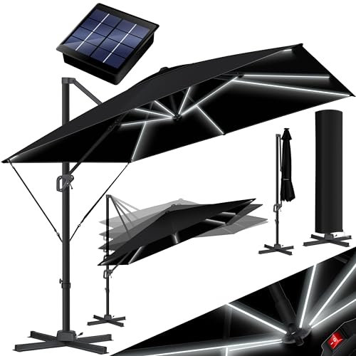 KESSER® Sonnenschirm LED Solar Ampelschirm SUN XL 300 x 300 cm Inkl. Abdeckung +Windsicherung Drehbar Neigbar Kippbar Marktschirm Groß 360° Rotation, Gartenschirm mit Kurbel Sonnenschutz, Schwarz