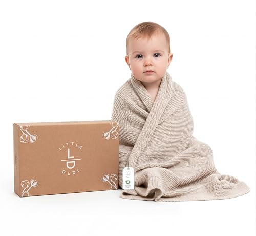 Little Dedi Strickdecke aus 100% Bio-Baumwolle GOTS Zertifizert, 80x100 cm. Hellbraun- Atmungsaktiv, Temperatur regulierend, in eleganter Geschenkbox für Babys