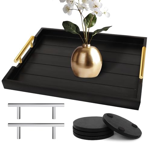 SXNOWS Coffee Table Trays - Large Ottoman Tray for Living Room -Wood Serving Tray with 2 Sets of Handles - Wooden Tray for Coffee Table, 4 Round Coasters Included, Black