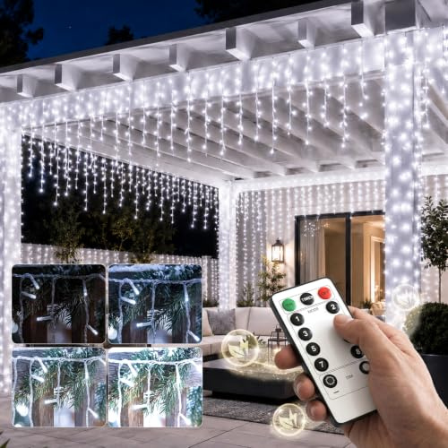 Luces de Navidad Exterior,10+5M 423 LED Guirnalda Luces Exterior, 8 Modos Decoracion Navidad, IP65 Impermeable Cortina Luces con Temporizador, Función de Memoria para Fiestas Bodas Jardín, Blanco Frío