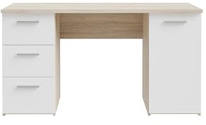 FORTE NET307 Schreibtisch 140, Schreibtisch mit 1 Tür und 3 Schubladen, Computertisch, Büromöbel, Home Office Möbel, Holzwerkstoff, Sonoma Eiche Holzdekor/Weiß, 138 cm breit x 75 cm hoch x 60 cm tief