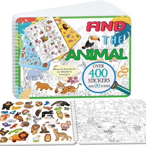 Kalysky Trouver les livres d'autocollants animaux, livres d'autocollants pour enfants de 2 à 8 ans, comprend 20 thèmes cachés, jouets éducatifs pour enfants