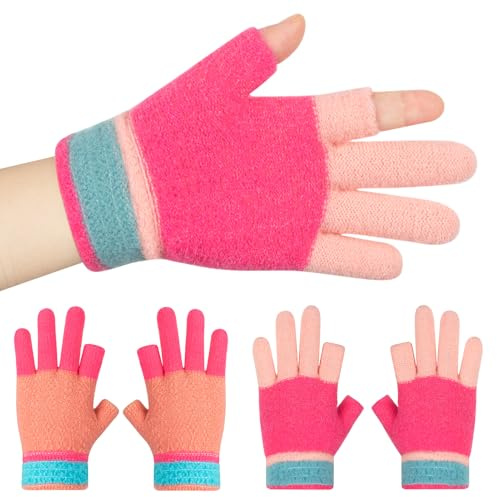 Kiiwah 2 par fingerhandskar barn, vinter, fingerlösa handskar för flickor pojkar 5–12 år, varma barnhandskar stickning, flerfärgade, Rosa, khaki, Einheitsgröße