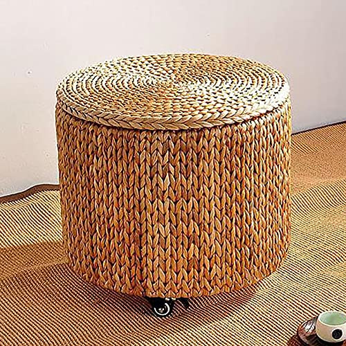 Redondo Otomano Reposapiés Multifunción Taburete De Almacenamiento,Rústico Mimbre Almacenamiento Otomano,Ratán Caja De Almacenamiento Baúl De Juguete con 4 Ruedas Bloqueables-Caqui 41x41x43c