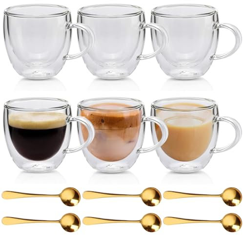 6 vasos de doble pared para latte macchiato, 250 ml, vasos de café con asa, cuchara, vasos de espresso, resistentes al calor y al frío, tazas de café para capuchino, café con leche, zumo, cerveza