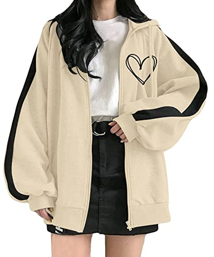 Uwdiohq Sweat à capuche zippé pour femme basique surdimensionné vintage E Girl Baggy Sweatshirts Veste la Teen Girls Gilet Satin Mes Commandes Soldes Pull Femme Long Hiver De Noel Coton Polaire
