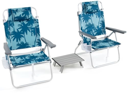 GIANTEX Klappstuhl Strandstuhl mit Tisch Set, klappbarer Gartenstuhl Campingstuhl Liegestuhl mit Verstellbarer Rückenlehne, Hochlehner mit Kopfstütze, Balkonstuhl Terrassenstuhl (Modell 2-Blau)
