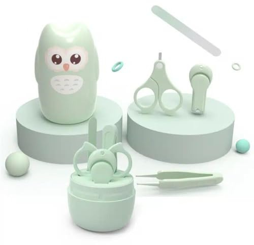 Kit per la cura delle unghie per bambini - Forbici di sicurezza + tagliaunghie + lima + pinzette - Custodia portatile gufo - Adatto fin dai neonati. (Verde)