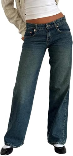 Jeans a gamba larga per donna, jeans a vita bassa baggy per donne Y2K alla moda elasticizzati dritti a gamba larga jeans lunghi in denim, M