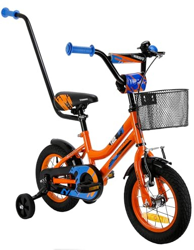 MIRAVO Kinderfahrrad Fahrrad Kinder Mit Stützrädern Schubstange V-Brake Bremsen Rückstrahl Aufkleber 12 Zoll Radgröße Korb Für Junge Spark Orange