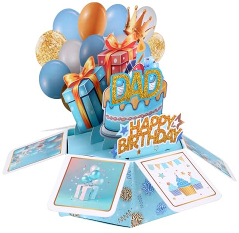 Pop-Up-Kort för Pappa med Grattis på Födelsedagen, Färgglada Ballonger och Presenter Designat i 3D med Kuvert för Pappa Kreativ Present