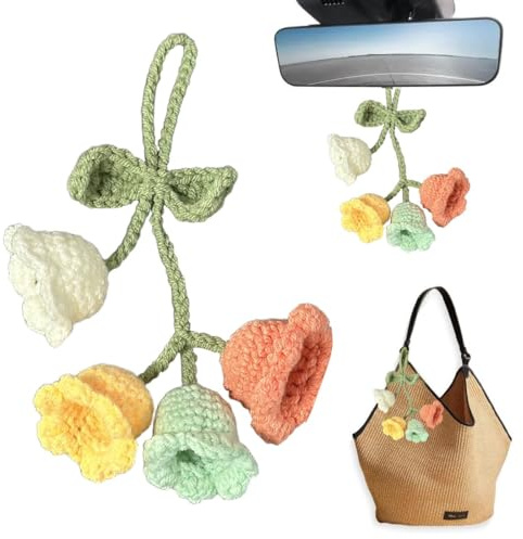 COYUN accessoire voiture interieur decoration, Crochet Campanule Voiture Pendentif Ornement, Tricotée à La Main Joli Petit Muguet Pendentif de Rétroviseur, décoration voiture Tricotés à La Main Femmes