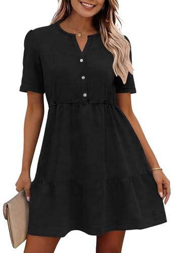Ancapelion Denim Dress for Women Babydoll Short Sleeve Button Down Jean Shirt Dresses Summer Cotton Casual Dresses