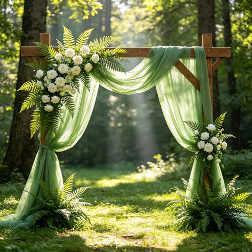 2 Stück Hochzeitsbogen Vorhang Querbehang, 75x600cm Chiffon Stoff Tüll, weicher Gardinenstoff für Hochzeitsdeko, Fotohintergrund, Party (Cremeweiß) (Grün)