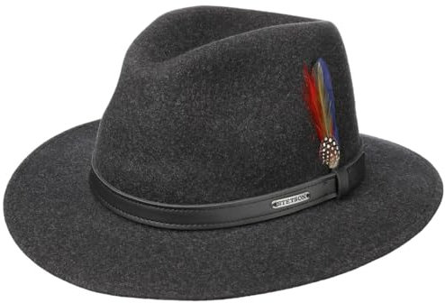 Stetson Powell Traveller Filzhut Herren Wasserabweisend Widerstandsfähig Asahi Guard Made in EU Wollfilzhut Outdoor Hut Sommer Winter anthrazit XXL (62-63 cm)