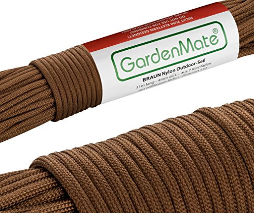 GardenMate Corde professionnelle 31m x 4mm en nylon résistant I Plusieurs Coloris I Paracorde 550 I Marron