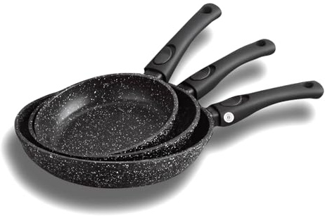 Cflagrant® Lot de 3 Poêles Façon Pierre sans PFOA Diamètre : 20/24/28 cm Tous Feux 100% Compatible Induction Cuisson sans Matière Grasse Revêtement en Greblon C3 de Technologie Allemande