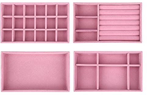 TSLBW Bandejas de Joyería Juego de 4 Bandejas Organizadoras de Terciopelo Apilables para Cajones, Bandeja para Pendientes, Collar, Pulsera, Vitrina, Bandeja de Almacenamiento de Joyas (Rosado)