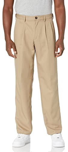 Amazon Essentials Pantalon Habillé à Pinces à Taille Ajustable Coupe Classique Homme, Brun Kaki, 60W / 34L