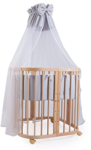 Waldin Babybett aus Holz 7in1 mit Matratze, Mitwachsendes Kinder-Bett, Belüftet, Boden 5-Fach Verstellbar, All-Inclusive-Set, Holz Natur, Stoffe Grau