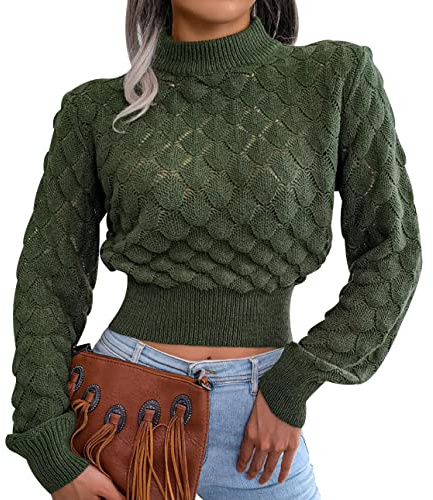 Pull Col Roulé Femme Court Hiver Chic Pullover Pull Crop Top Grosse Maille Ample Jacquard Fin Manche Longue Large Femme Col Roule Pulls Tricoté Sweater Pull Tricot Torsade Personnalisable Femme Vert S